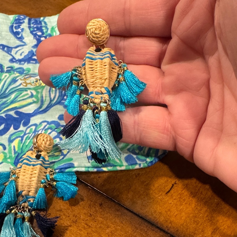 Lilly Pulitzer Blue and Tan woven post Earrings - Picture 4 of 6